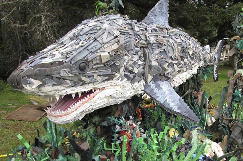 shark made from plasic found on the beach