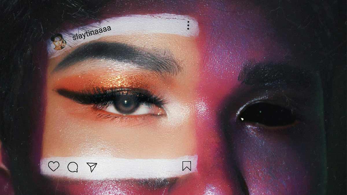 girl wearing eye makeup that looks like a compter desktop